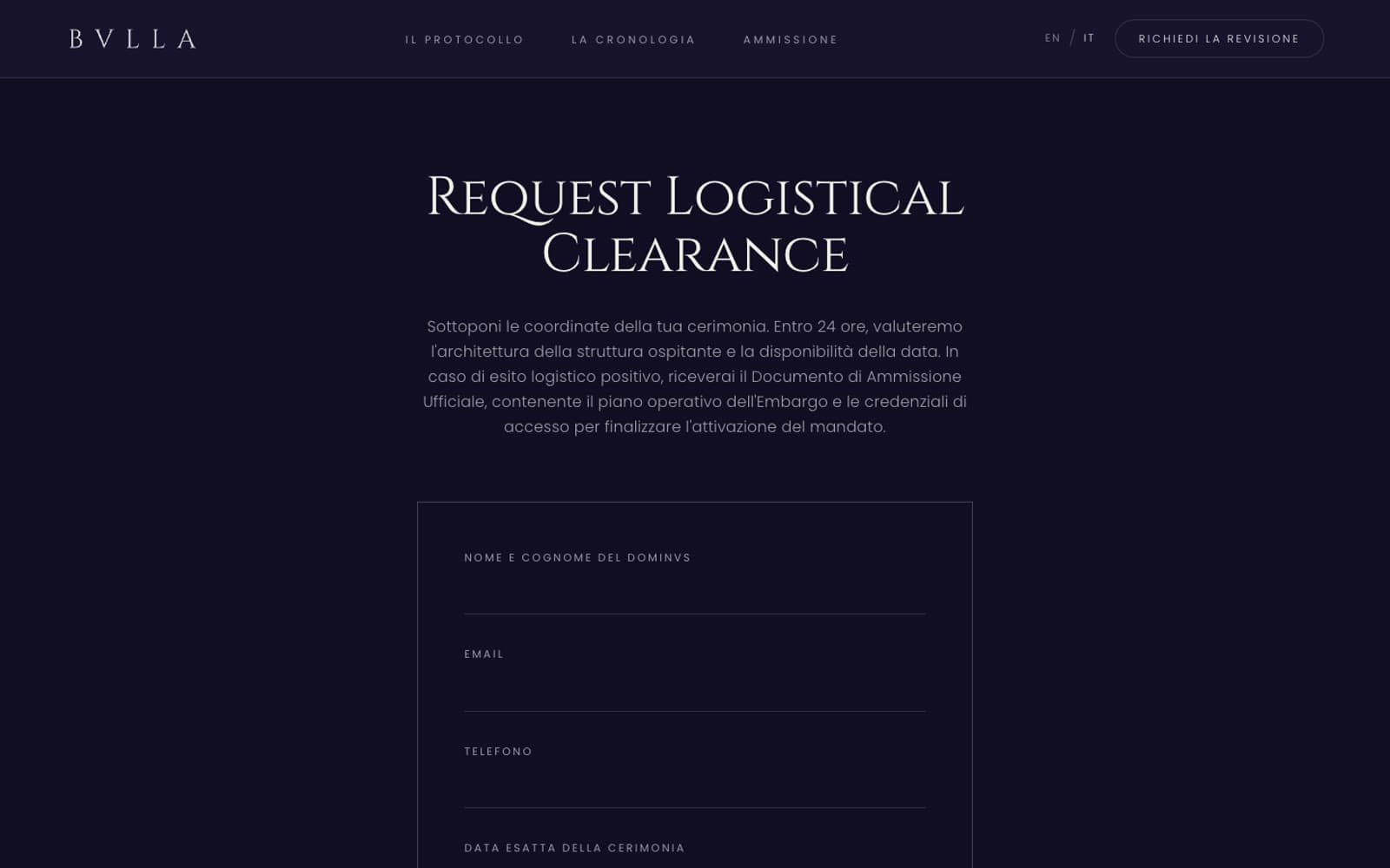 La sezione Request Logistical Clearance con il modulo di ammissione