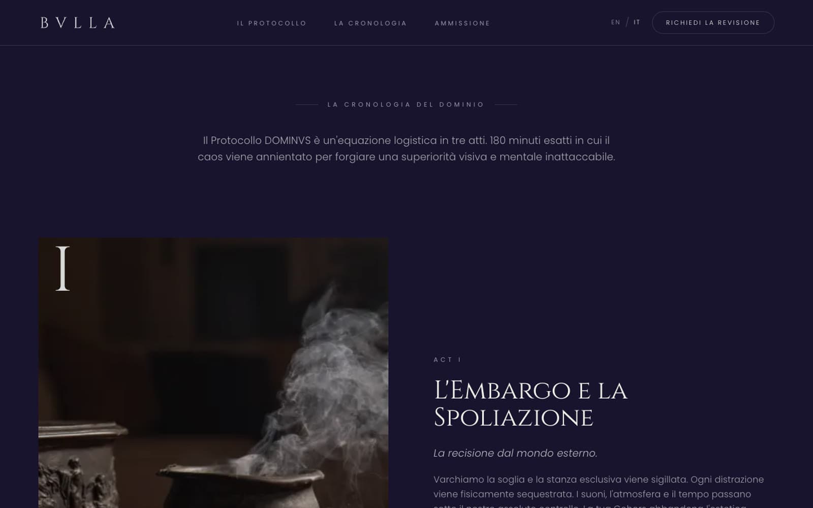 Il primo atto della cronologia, L'Embargo e la Spoliazione, con la foto dell'incenso