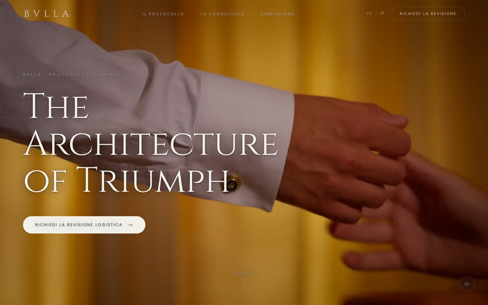 L'apertura del sito, The Architecture of Triumph, sopra il video dei gemelli allacciati