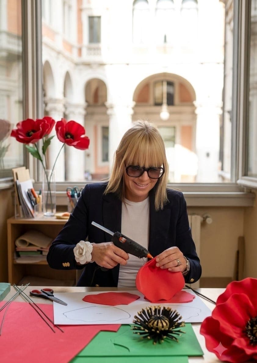 Francesca al banco da lavoro con un petalo di papavero rosso