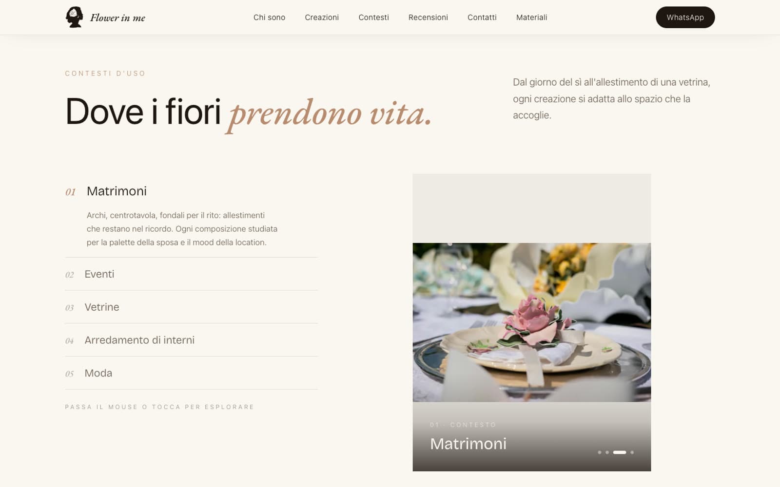 La sezione Dove i fiori prendono vita, con i cinque contesti d'uso