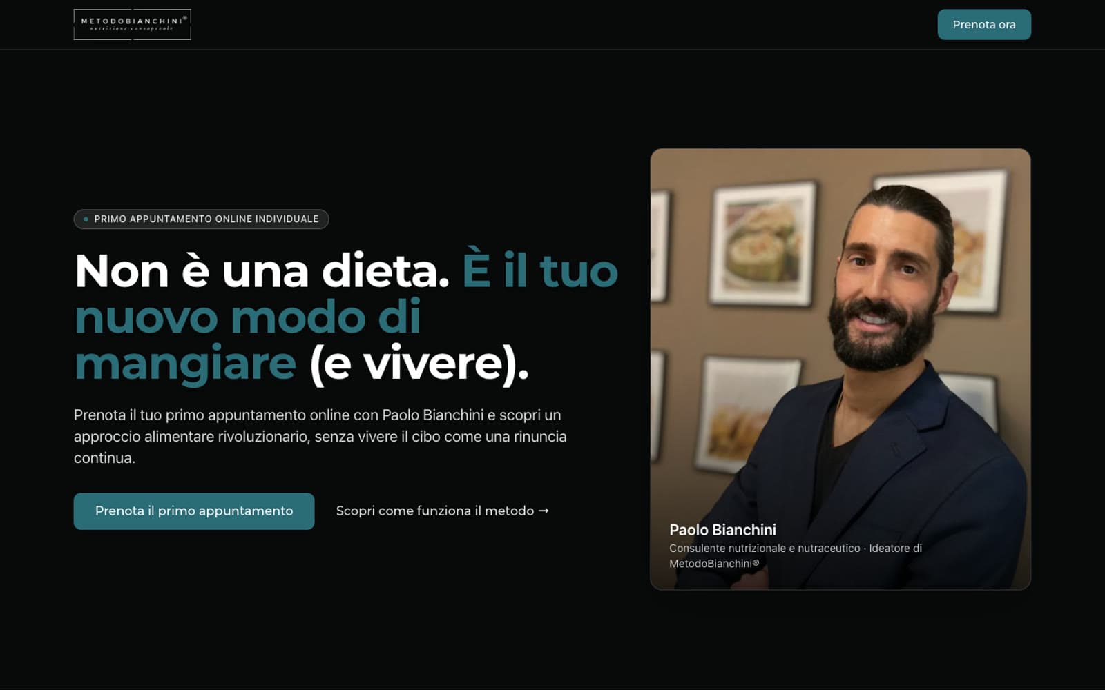 La landing Non è una dieta, con il ritratto di Paolo Bianchini