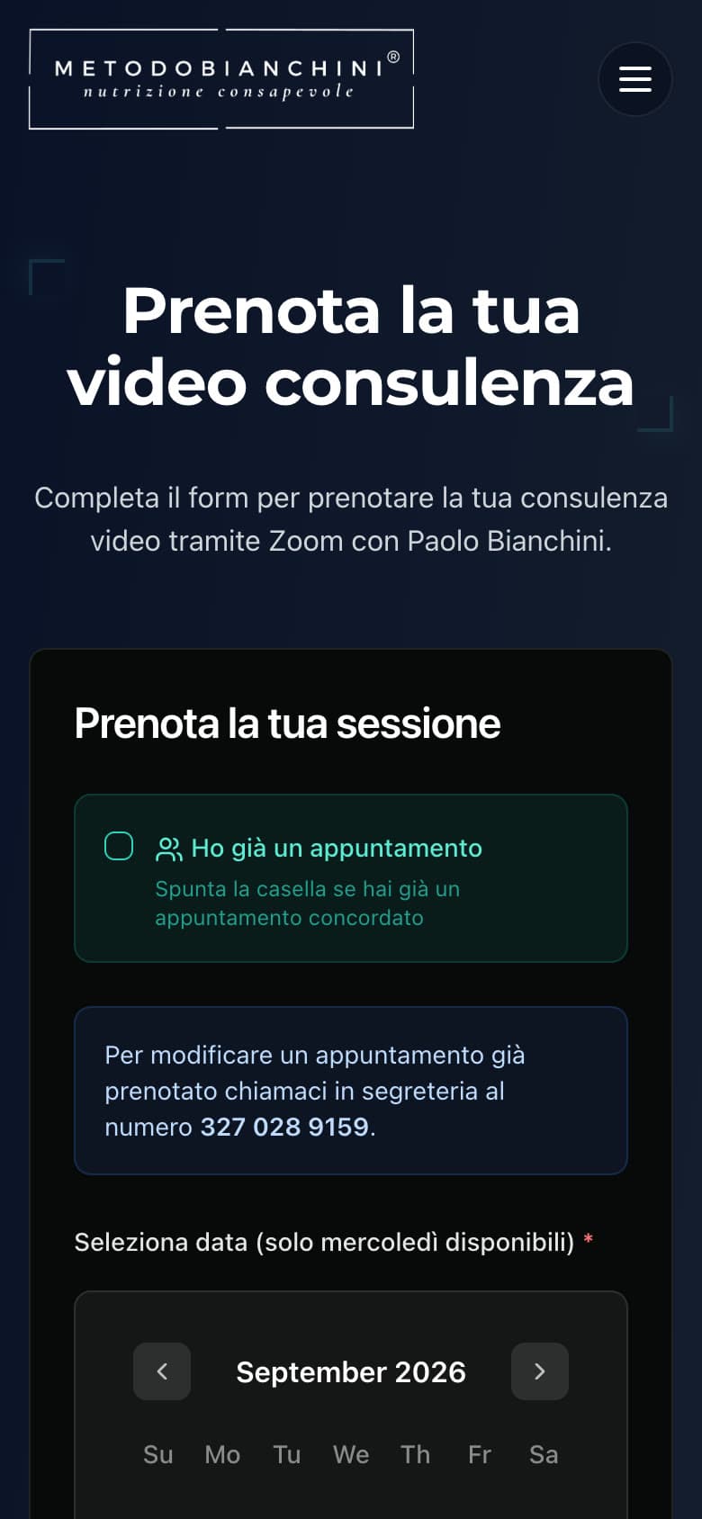 La prenotazione della video consulenza su telefono, con il calendario