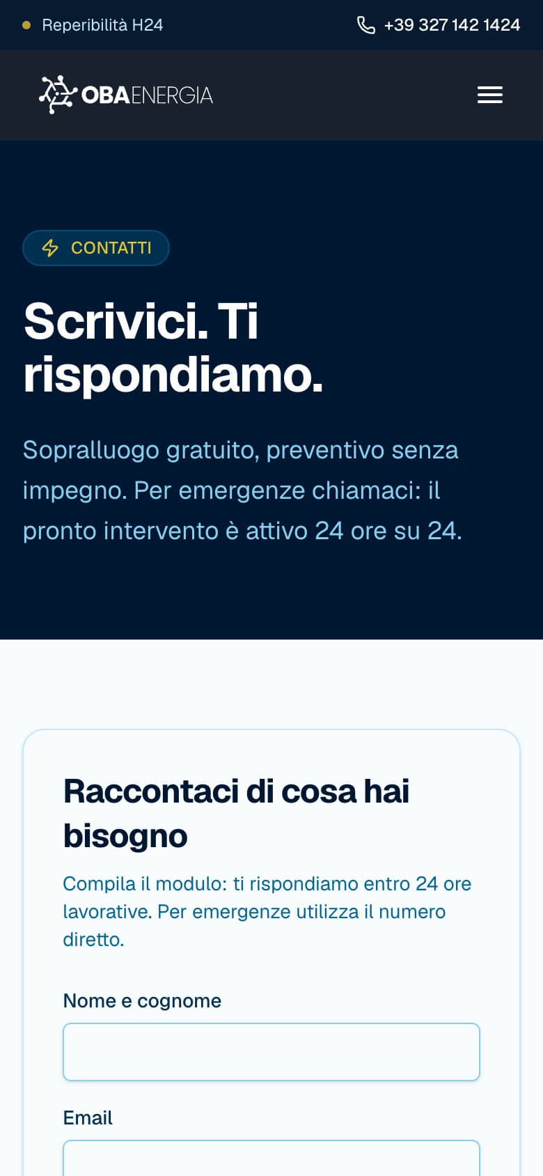 La pagina Contatti sul telefono, Scrivici. Ti rispondiamo., con il modulo per la richiesta