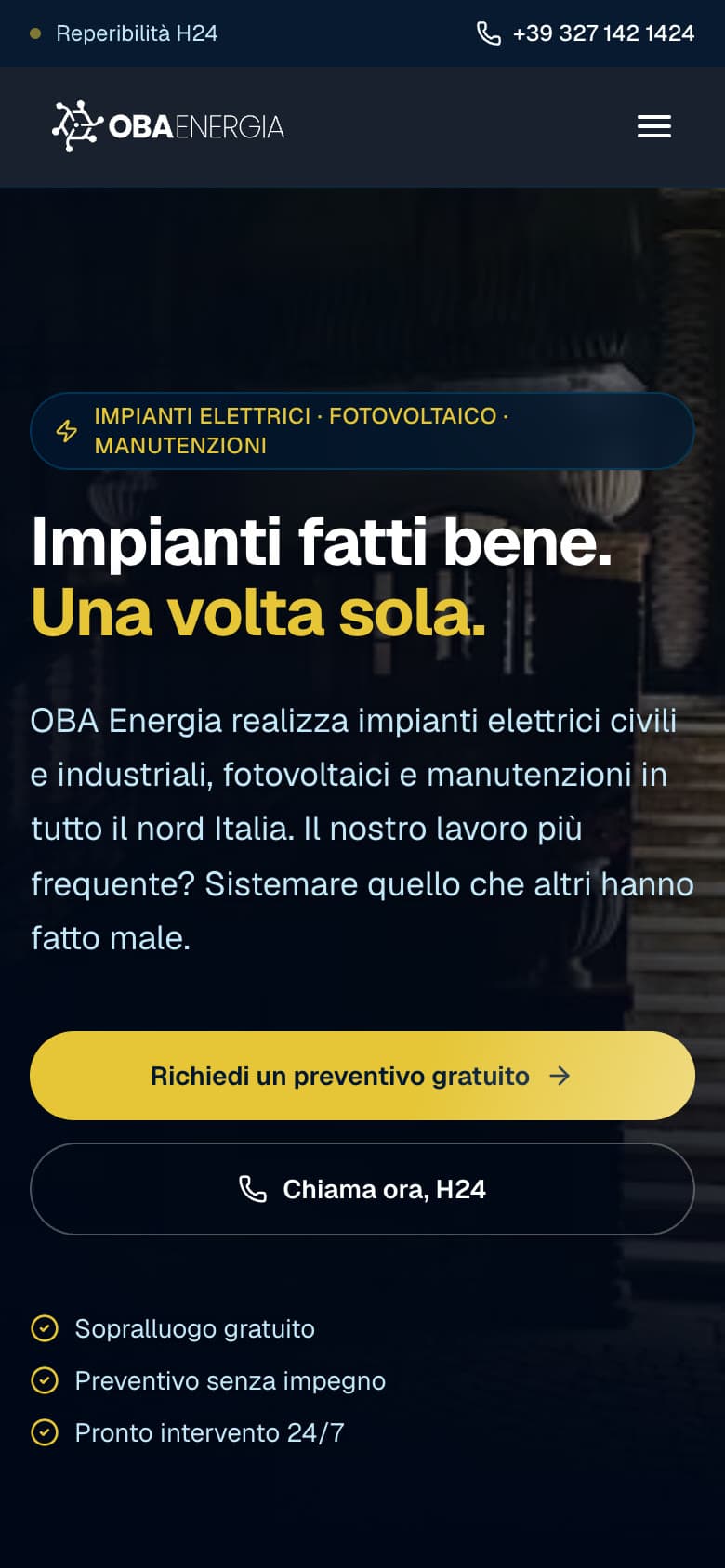La home di OBA Energia sul telefono, con il numero sempre in cima e il pulsante Chiama ora