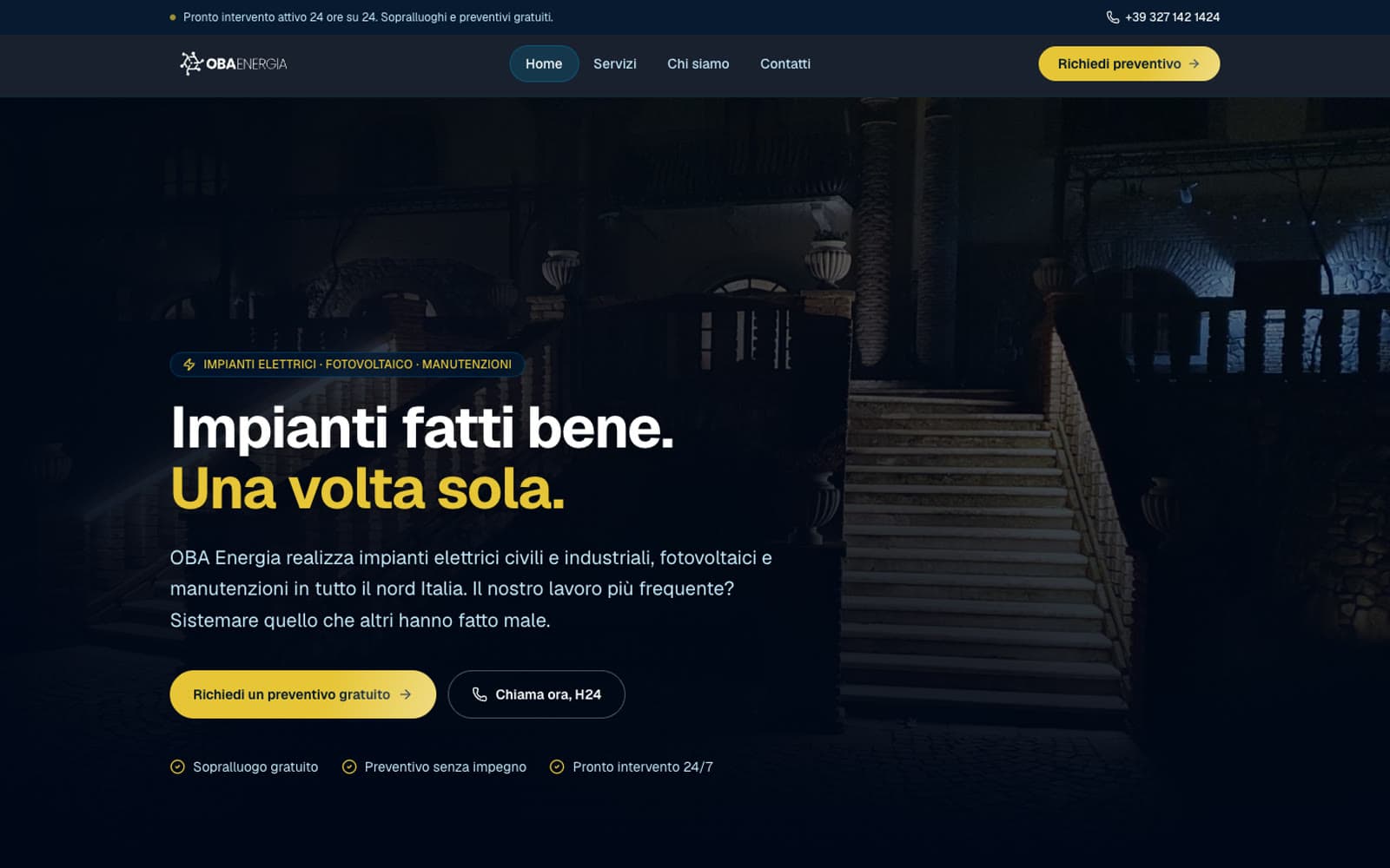 La home di OBA Energia, Impianti fatti bene. Una volta sola., con i pulsanti per il preventivo e la chiamata