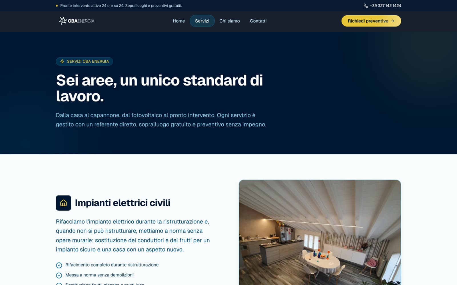 La pagina Servizi, Sei aree, un unico standard di lavoro, con la scheda degli impianti civili