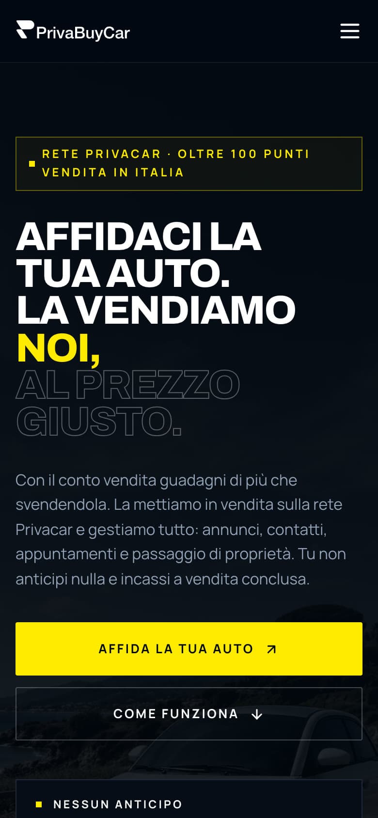 La prima schermata della landing sul telefono