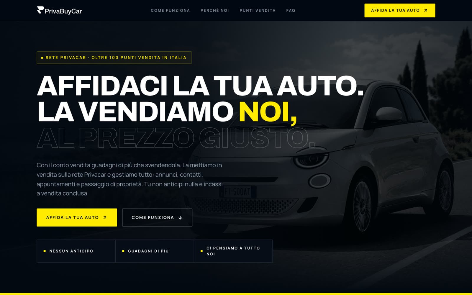 La prima schermata con il titolo Affidaci la tua auto, la vendiamo noi, al prezzo giusto