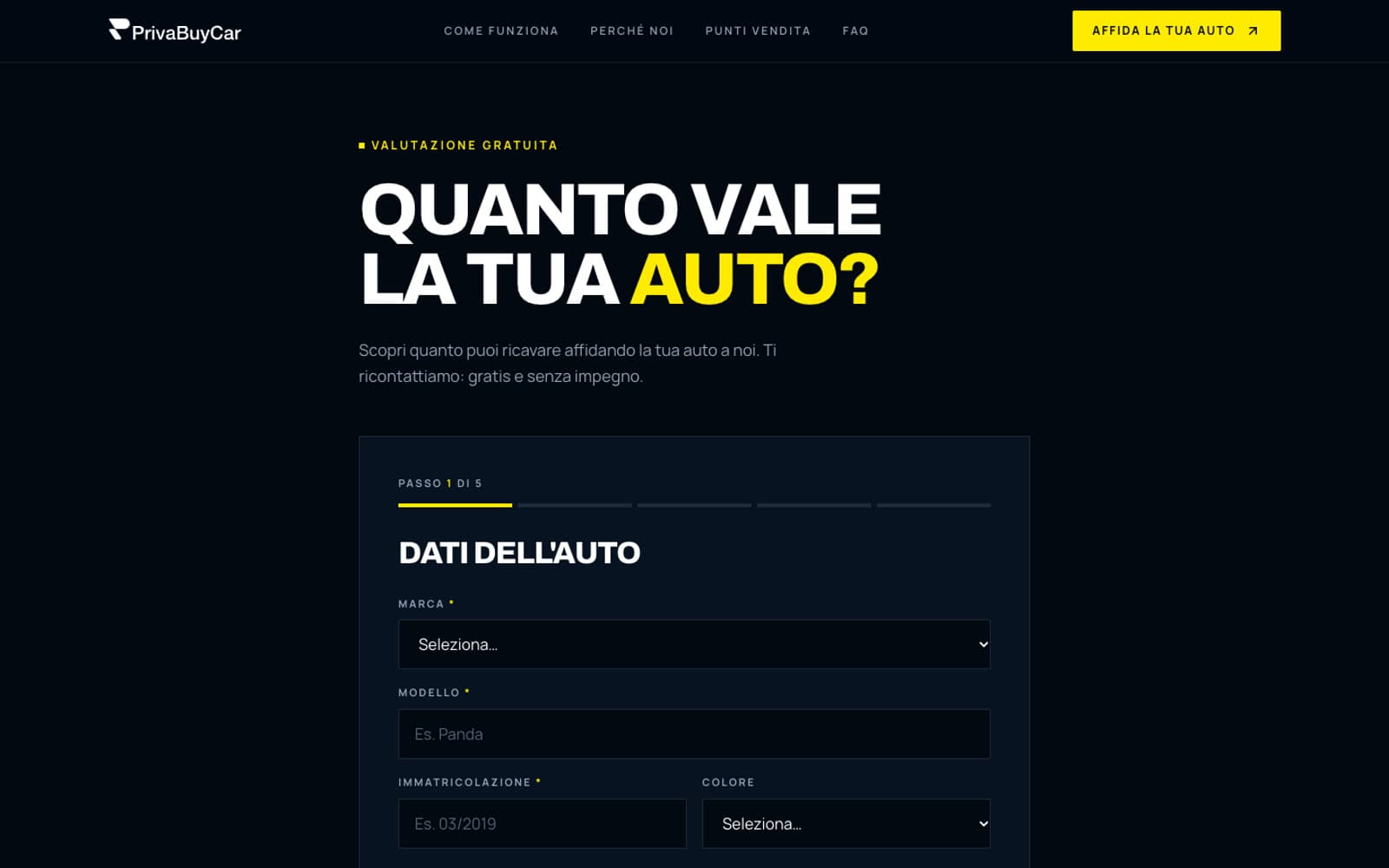 Il primo passaggio del modulo, Dati dell'auto, con la barra di avanzamento