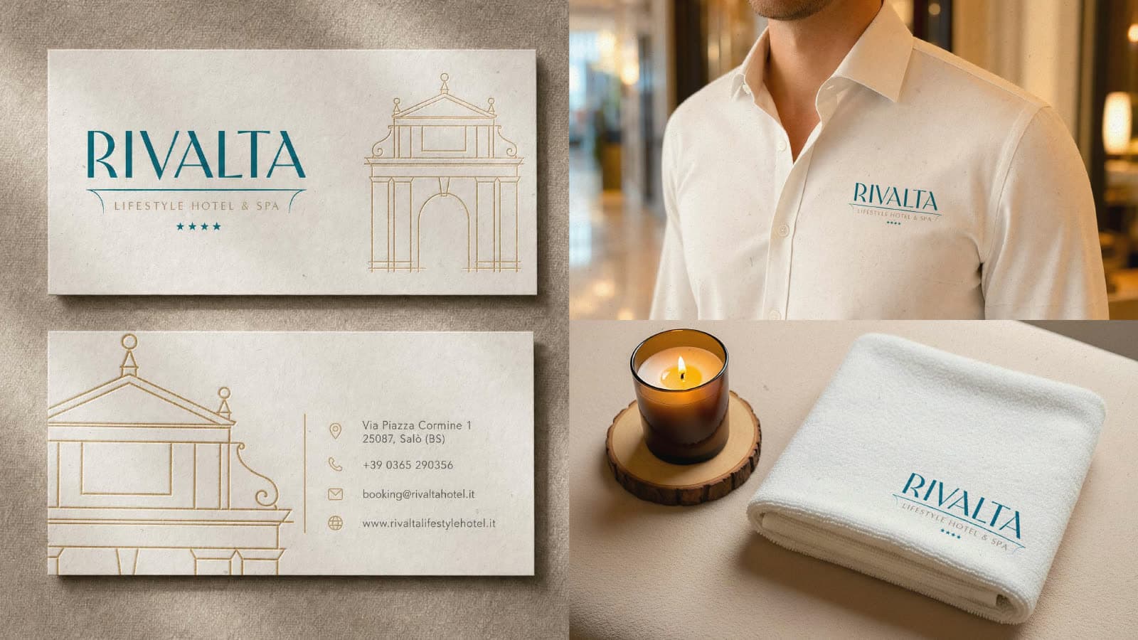 Fronte e retro dei biglietti da visita con il logo blu e la Porta del Carmine a filo oro