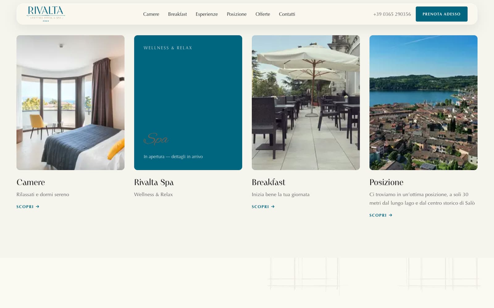 Le quattro sezioni della home: Camere, Rivalta Spa, Breakfast e Posizione