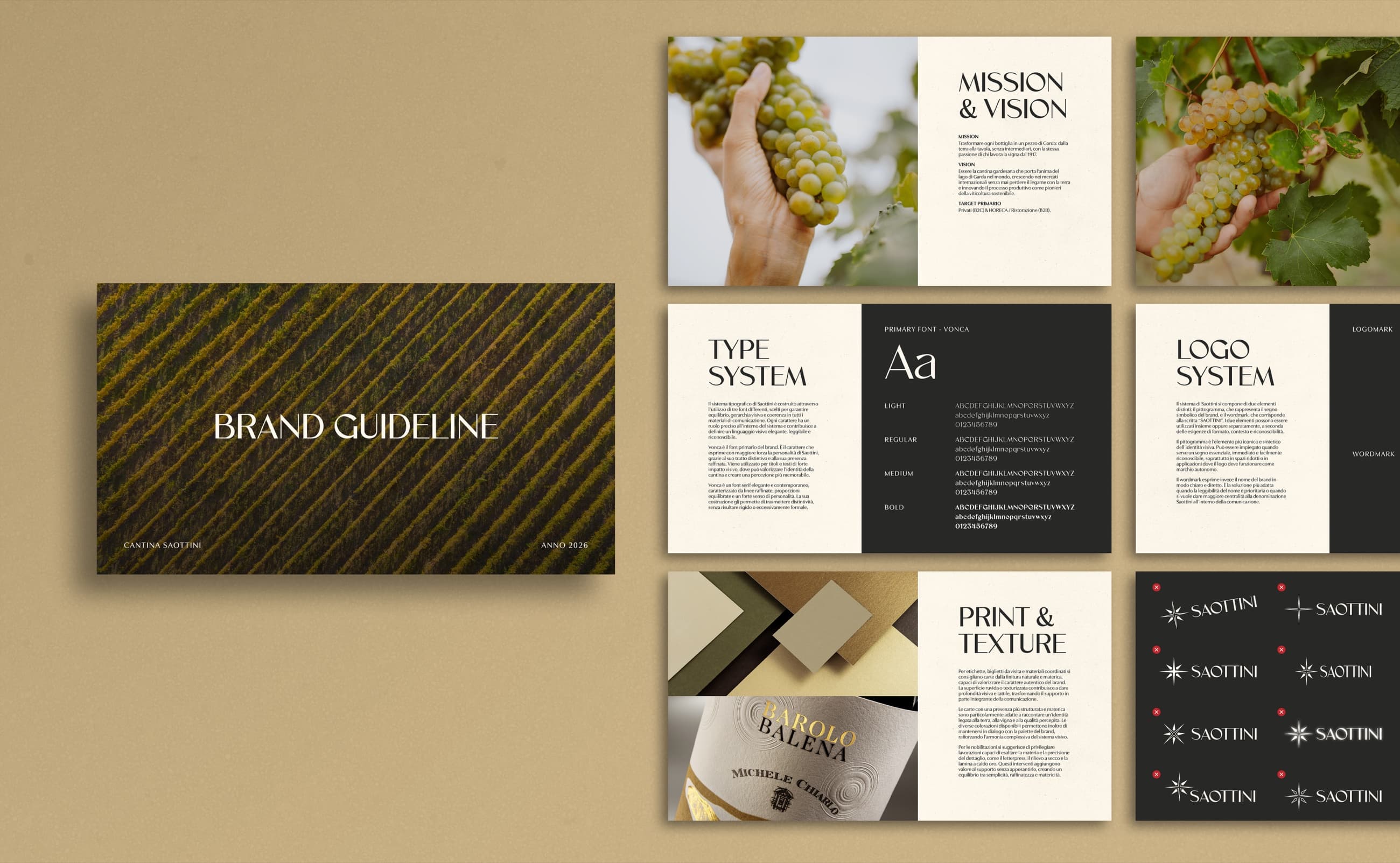 Tavole del manuale: mission, sistema tipografico, logo, stampa e texture