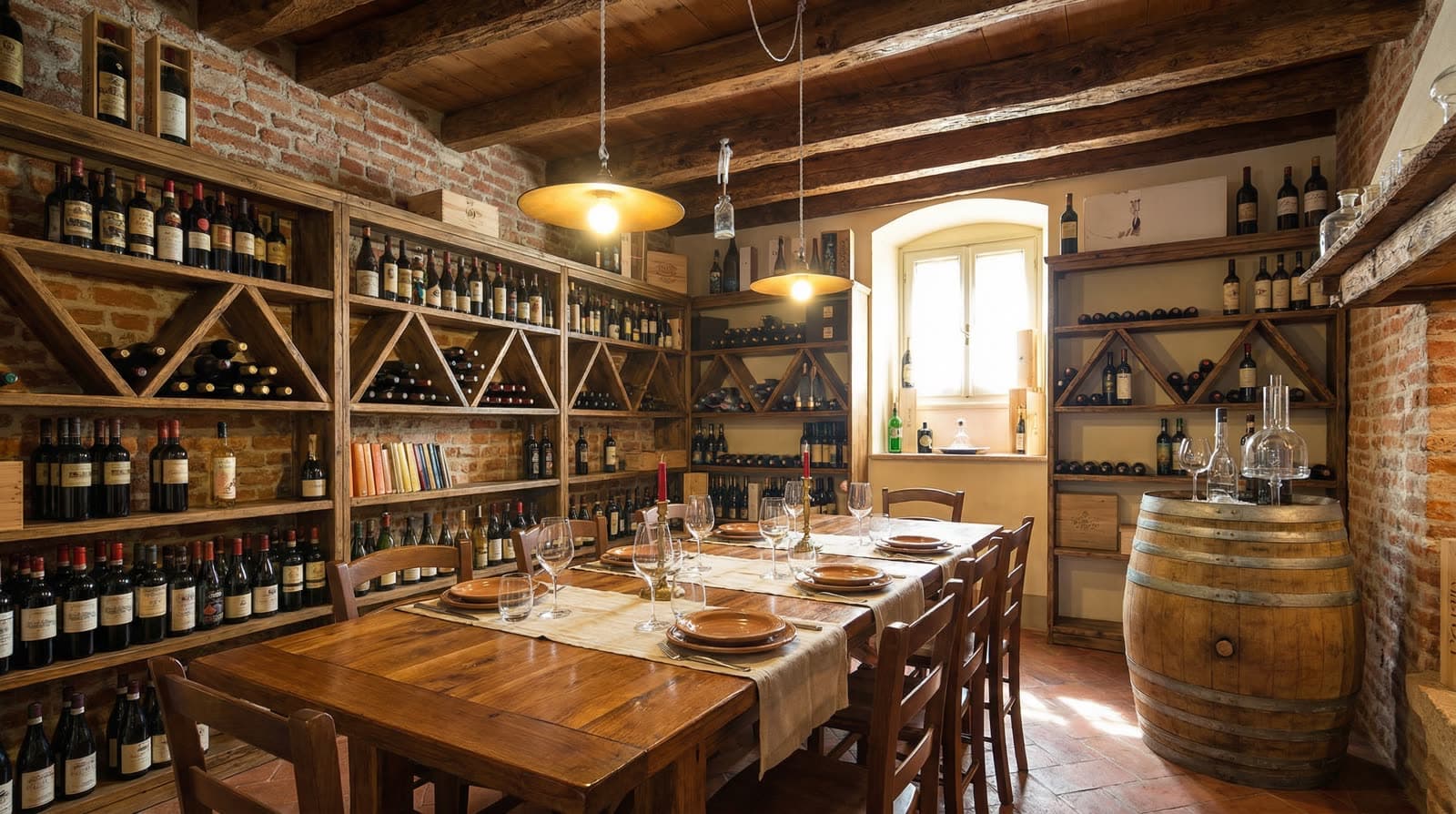 La cantina di Casal Fenilgrande con scaffali di bottiglie, travi in legno e tavolo apparecchiato