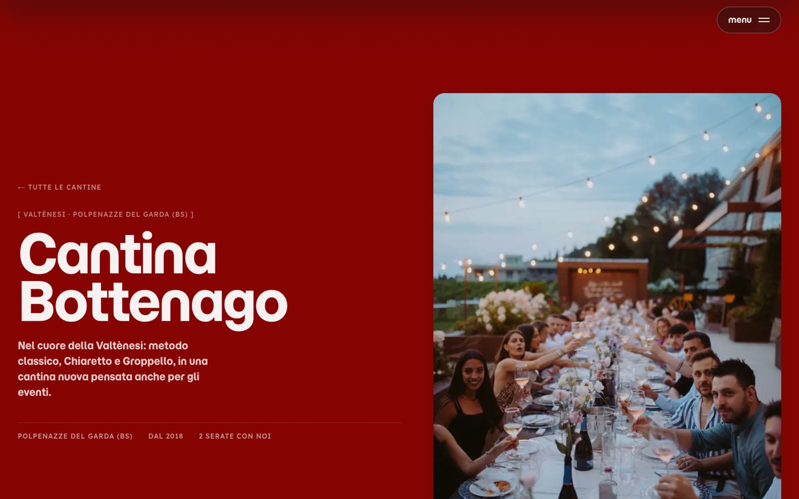 La pagina di Cantina Bottenago, con la foto di una tavolata al tramonto
