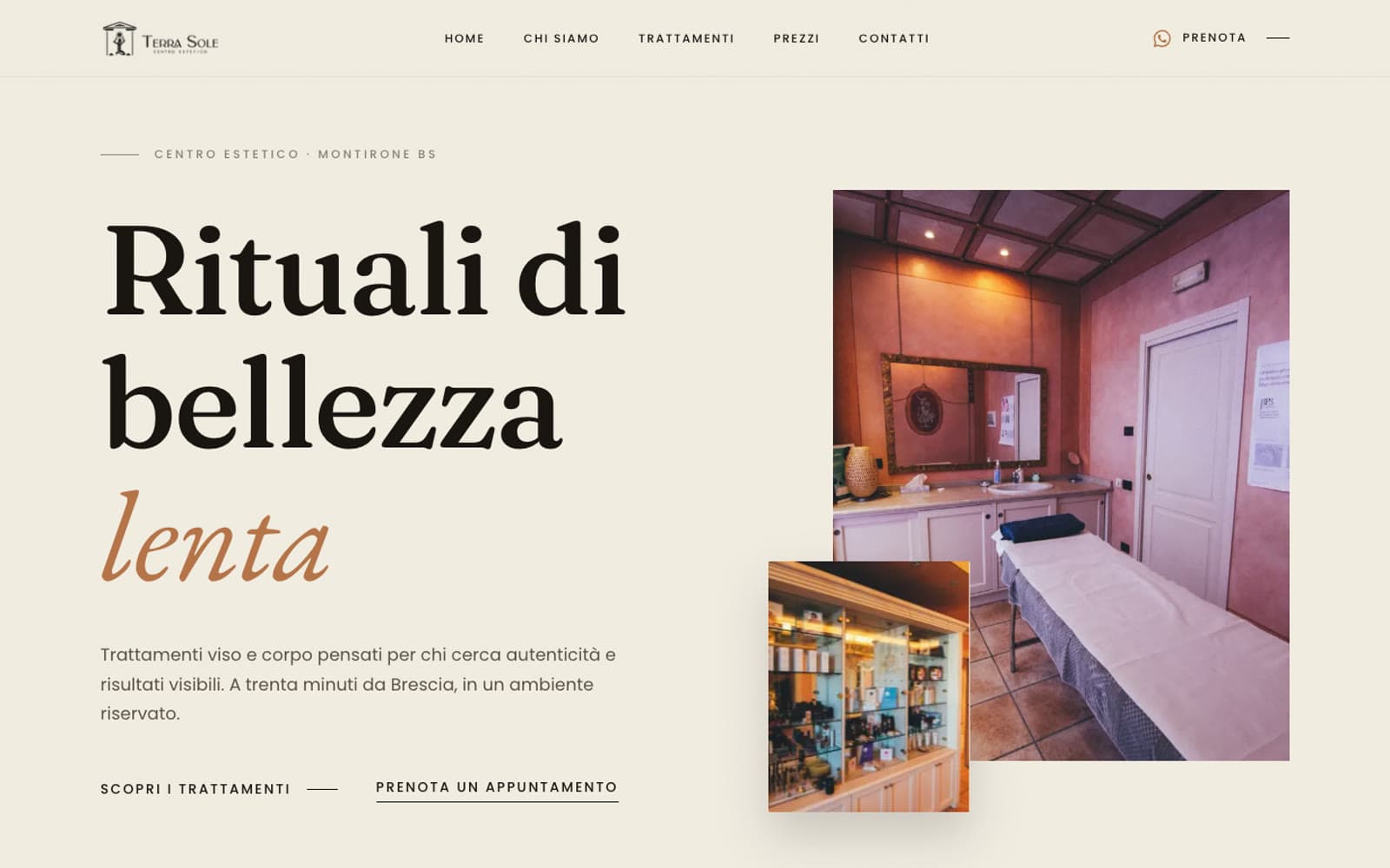 La home del sito, Rituali di bellezza lenta, con le foto della cabina e della vetrina