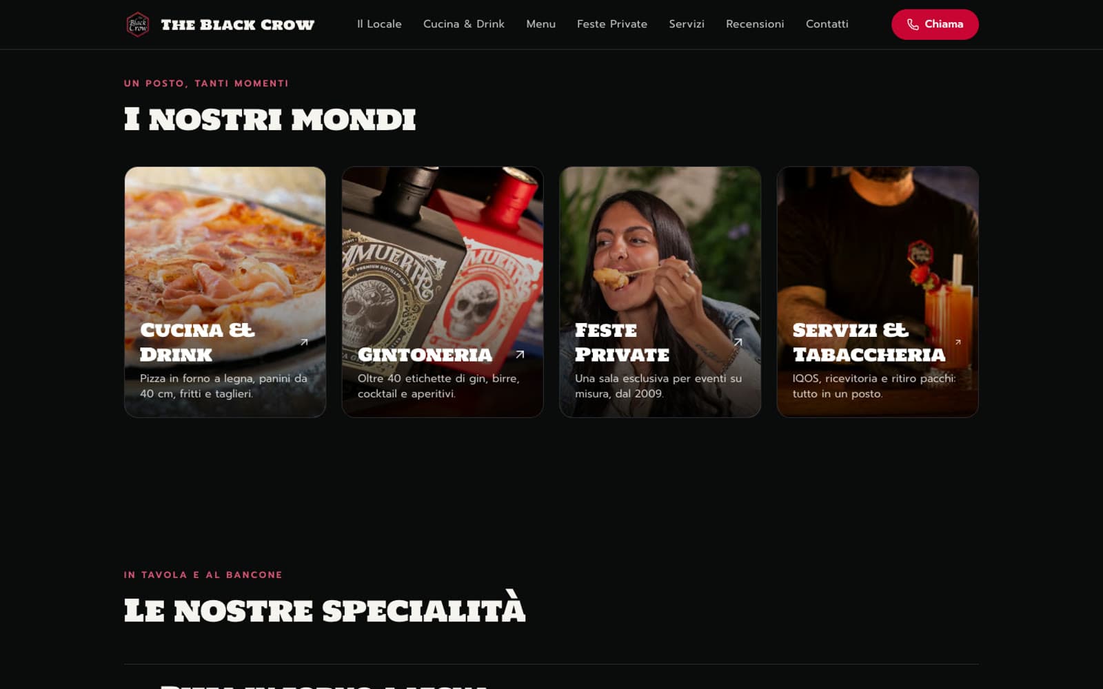 La sezione I nostri mondi: cucina, gintoneria, feste private, servizi e tabaccheria