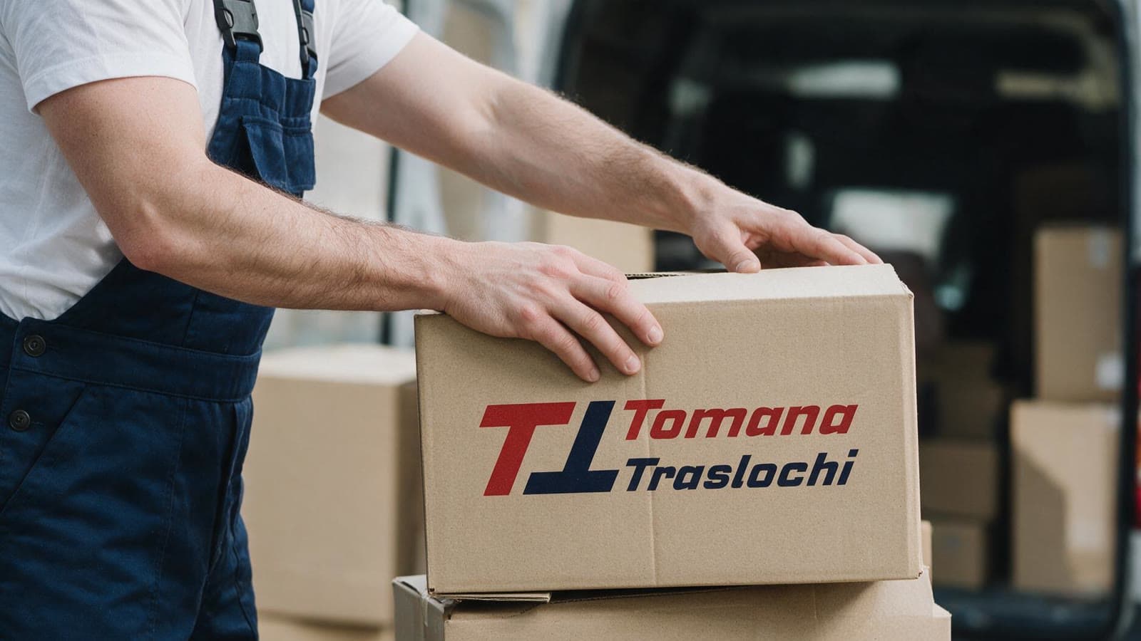 Uno scatolone col marchio Tomana Traslochi davanti al furgone