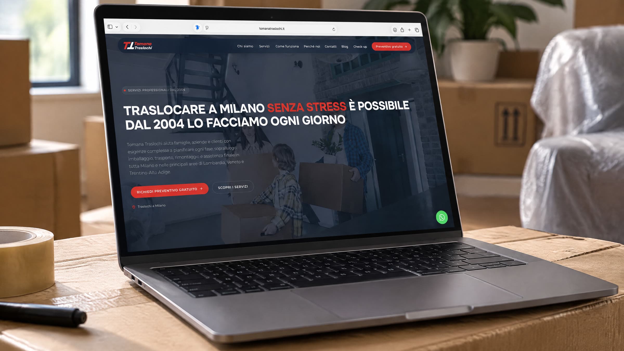 La home del sito, Traslocare a Milano senza stress, su un portatile