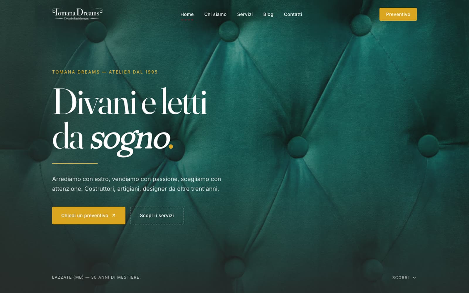 La home del sito: Divani e letti da sogno, su un capitonné verde