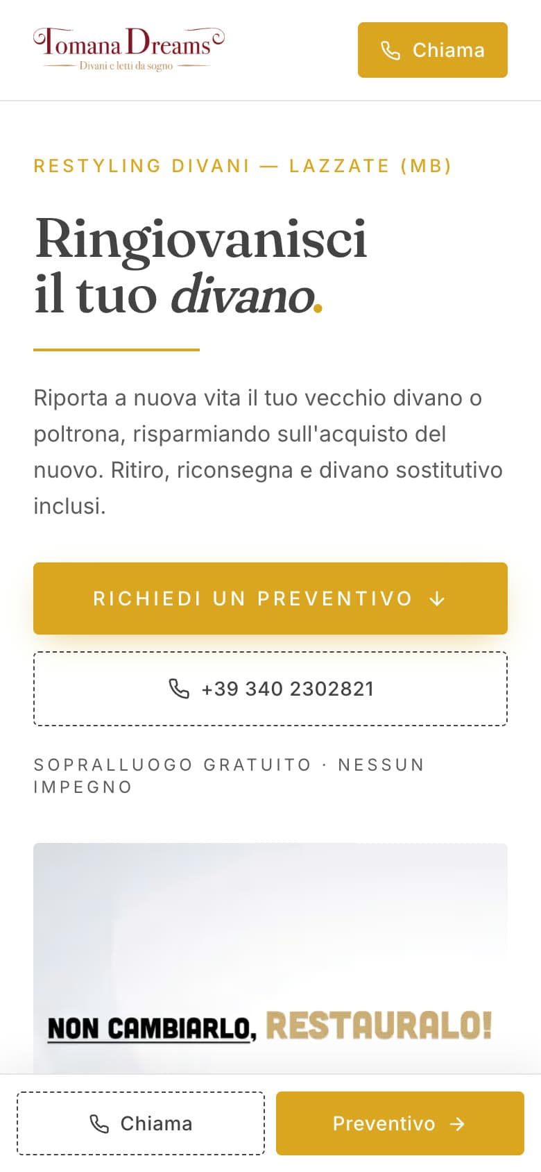 La landing su telefono, con i pulsanti per chiamare e chiedere un preventivo