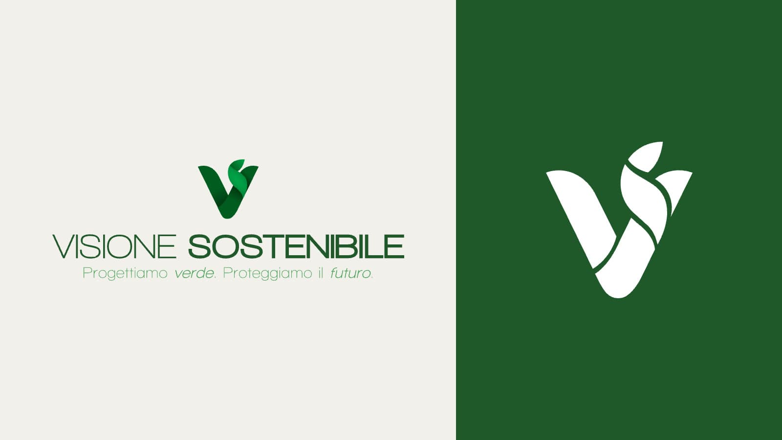 Il logo completo a colori su fondo carta e il monogramma bianco su verde bosco