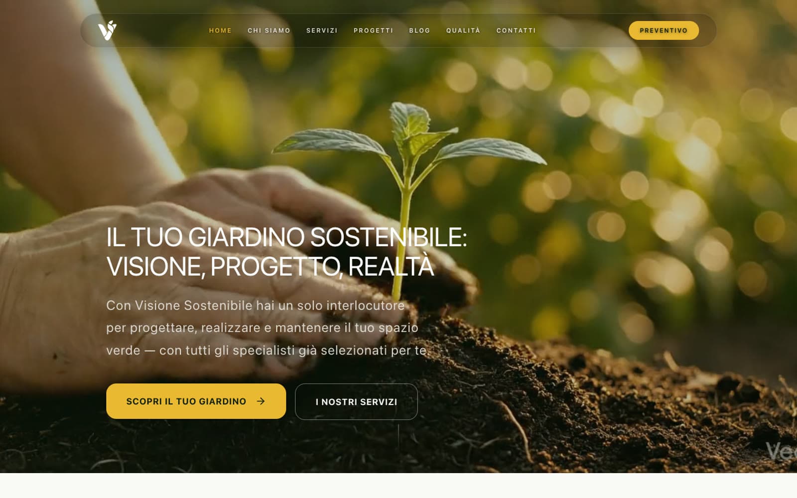 La home del sito: Il tuo giardino sostenibile, con due mani che piantano un germoglio