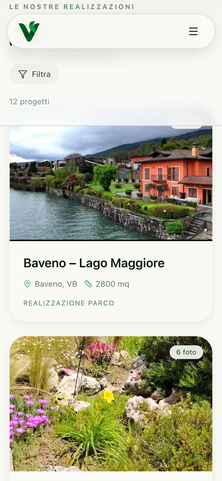 La pagina dei progetti su telefono
