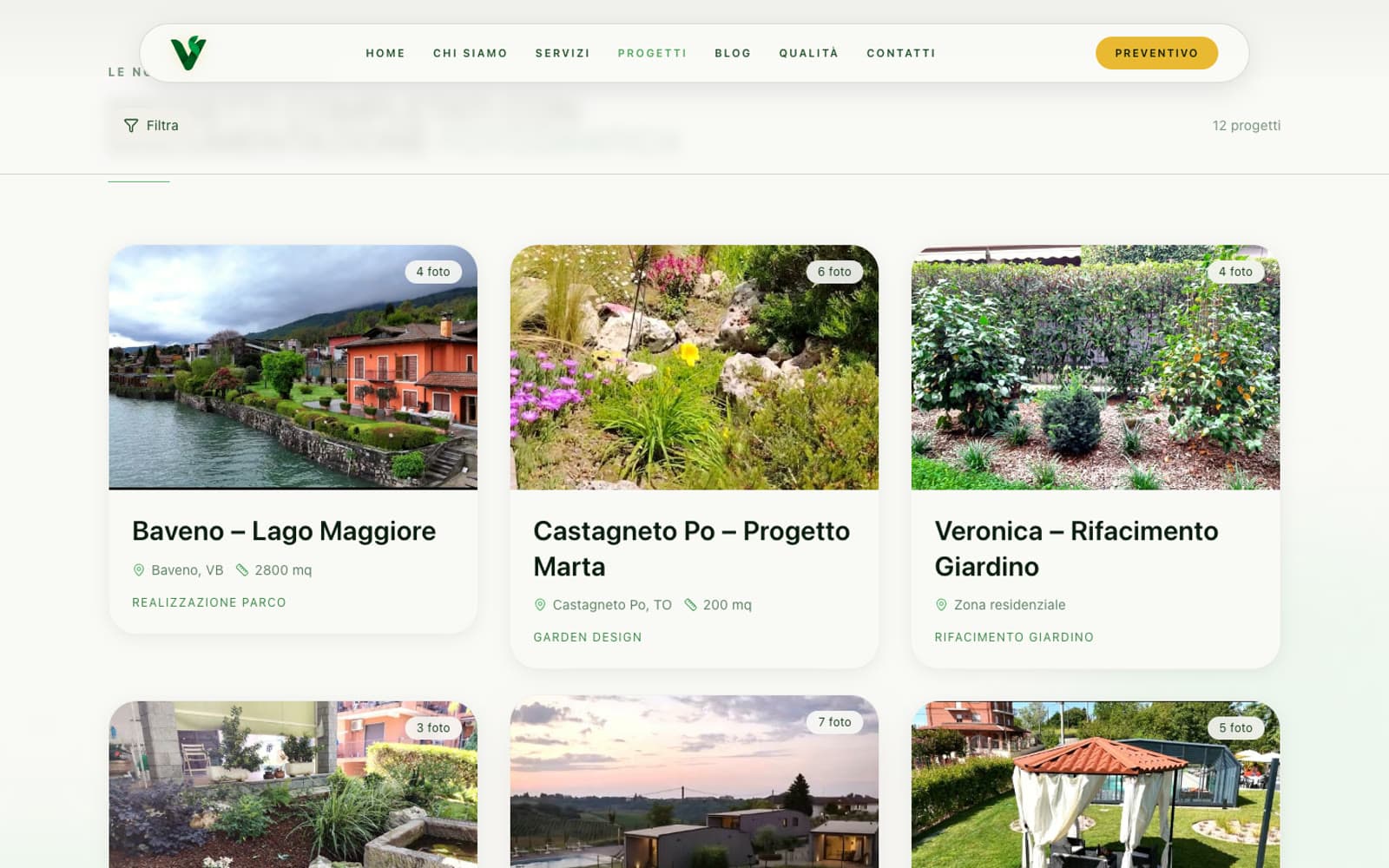 La pagina dei progetti con le schede di Baveno, Castagneto Po e Veronica